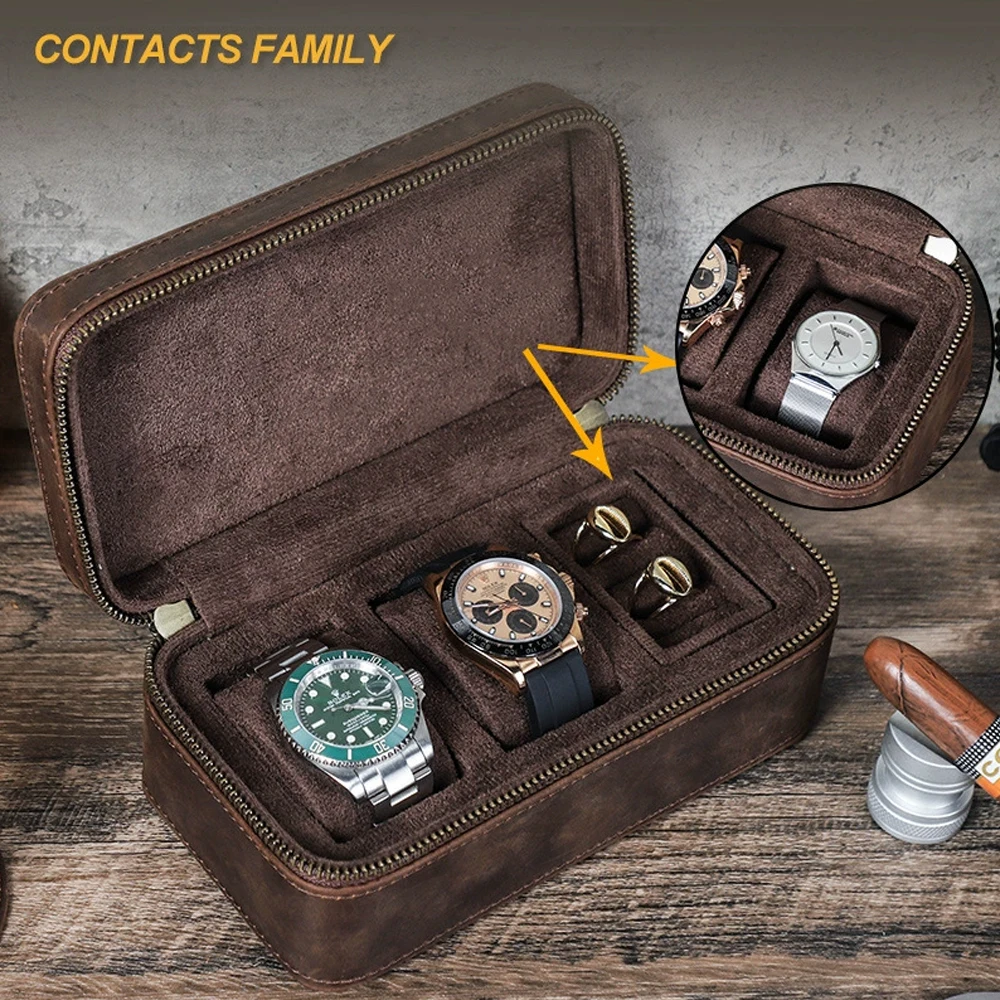 CONTACT'S FAMILY 3 Grids Genuine leather Watch Case Jewellery Travel Storage Box for Ring Earrings Cufflinks Men Women Best Gift