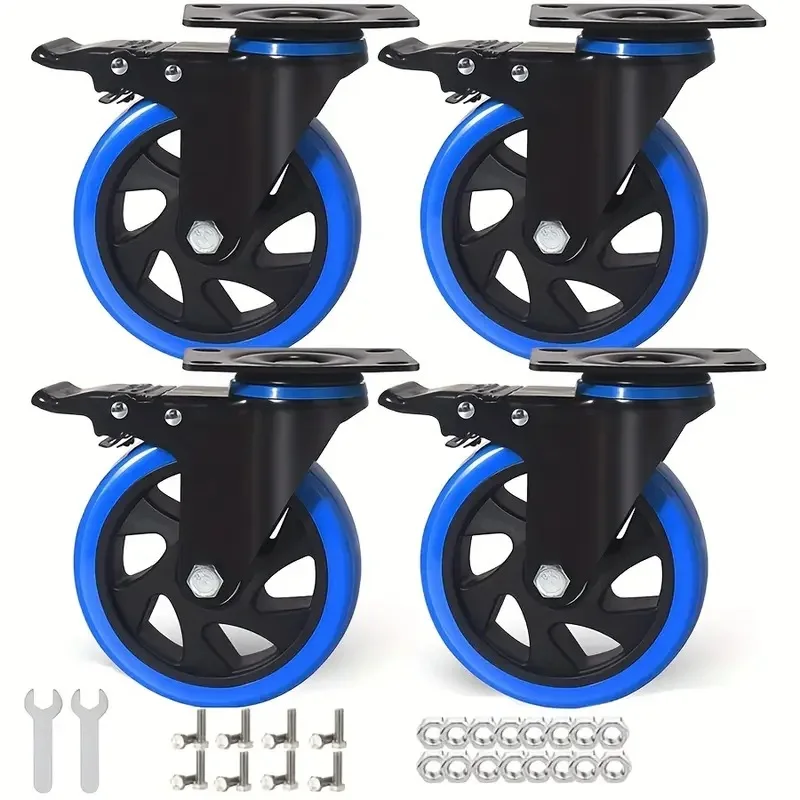 

4 Pcs 4 Inch Medium Blue PVC Swivel Casters With Brake | Dual Ball Bearings & Universal Mounting Plate For Industrial Equipment