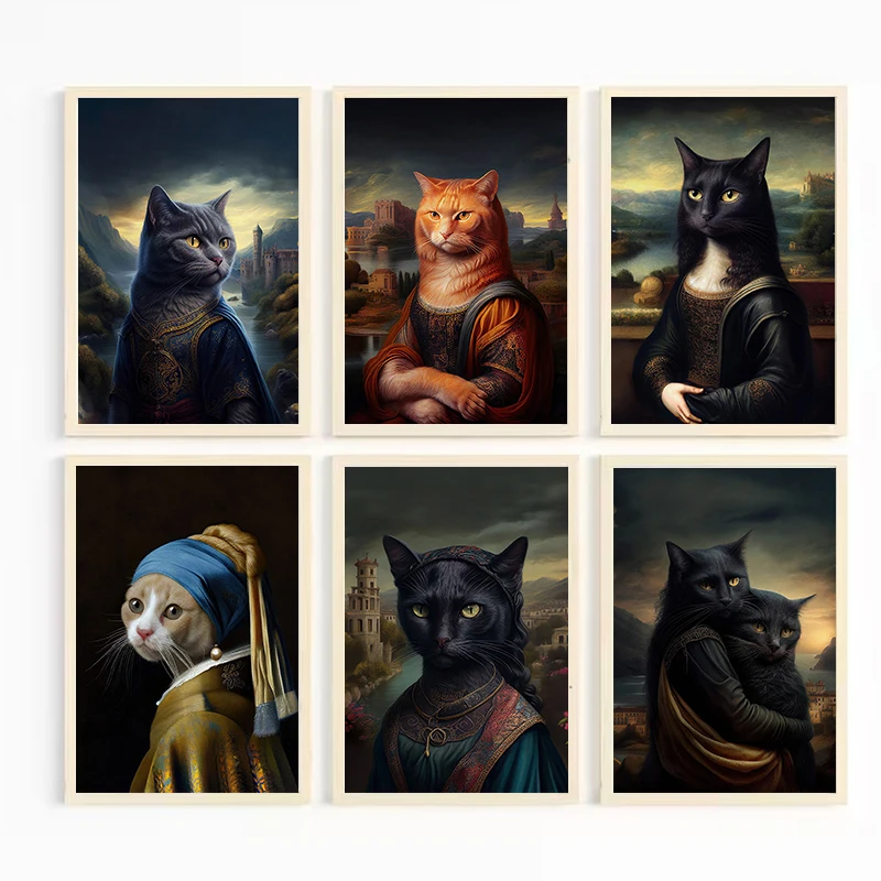 Mona Lisa Cat Renaissance Posters Prints Canvas Painting Wall Art Cat with Pearl Earring Victorian Pictures for Room Home Decor