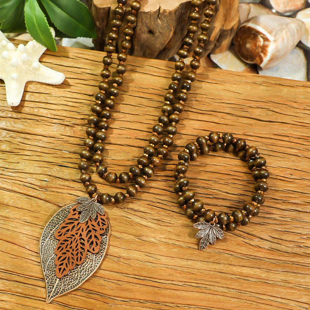 Retro Leaf Pendant Long Necklace Bracelet Set Boho Ethnic Metal Hollow Leaves Wooden Bead Necklaces Jewelry for Women Gifts