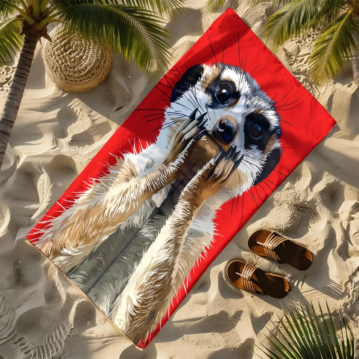 Fox mongoose with red base theme polyester microfiber beach towel is highly absorbent, suitable for swimming and beach outings