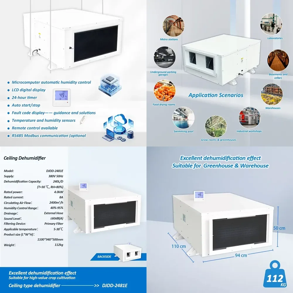 WSQ Tojje DJDD-2481E 240L Per Day Refrigerant Business Commercial Ceiling-mounted Industrial Dehumidifieir for Grow Room