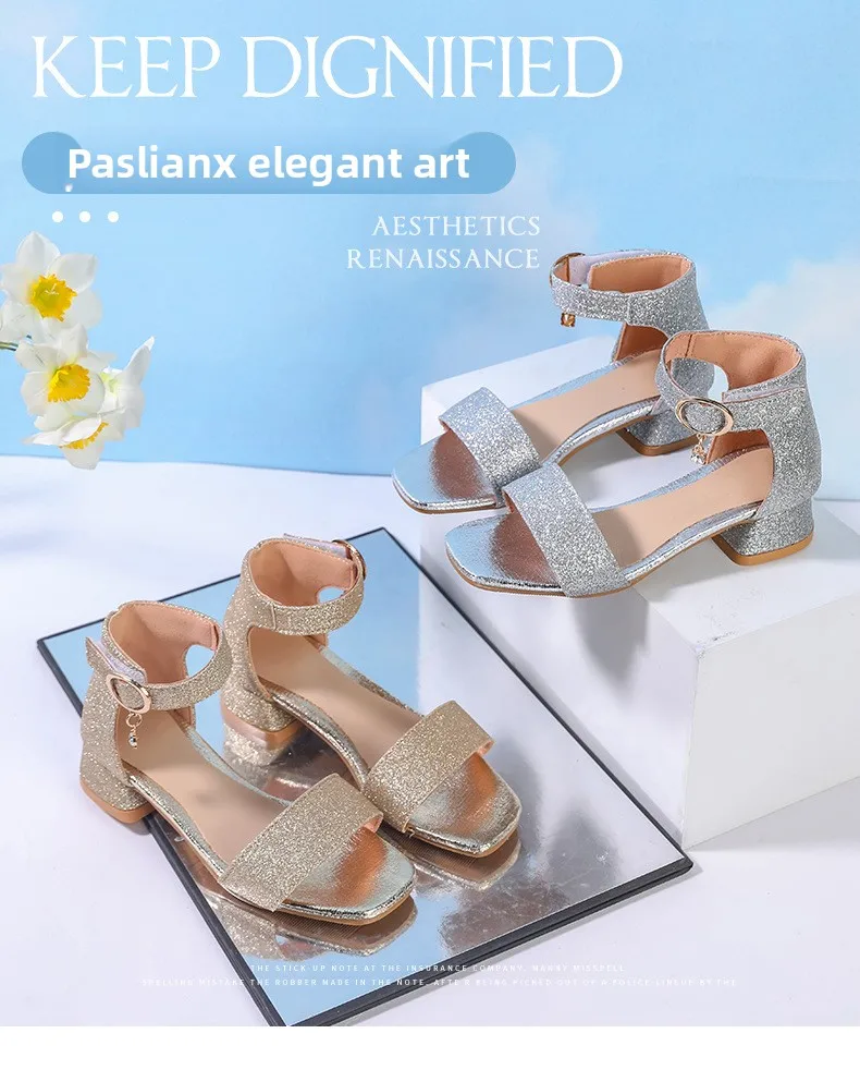 Modische Kinder-Sommersandalen mit Pailletten, einfache Mädchen-Freizeitschuhe, Prinzessinnen-Schuhe mit niedrigem Absatz, Hochzeitsschuhe, Party-Sandalen für Kinder, High-Top-Sandalen – Detail 2