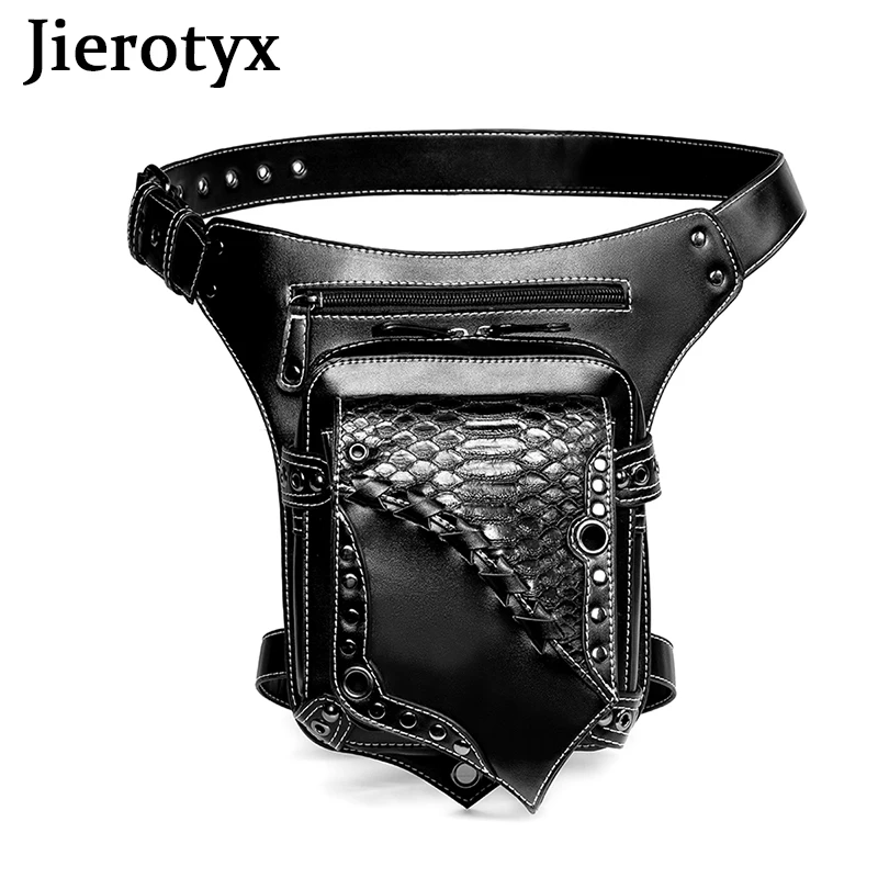 

JIEROTYX Punk Style Waist Bag for Women Crossbody Messenger Bags Handbag Hip Holster Pouch Black Leather Vintage Rivet Leg Bag