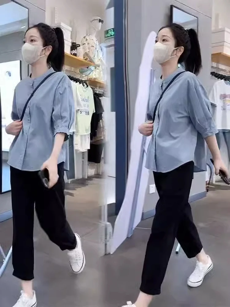 

Fashionable Short Sleeve Shirt And Pants Set Women's Summer 2025 Slimming Casual Wear Polyester Fiber Nine-Piece Pants