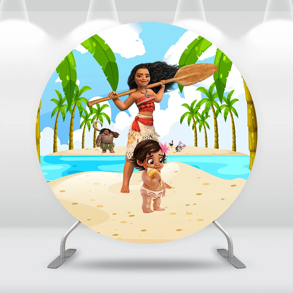 Baby Moana Circle Round Backdrop Photography Summer Beach Newborn Kids Birthday Party Photo Background Cake Table Cylinder Cover