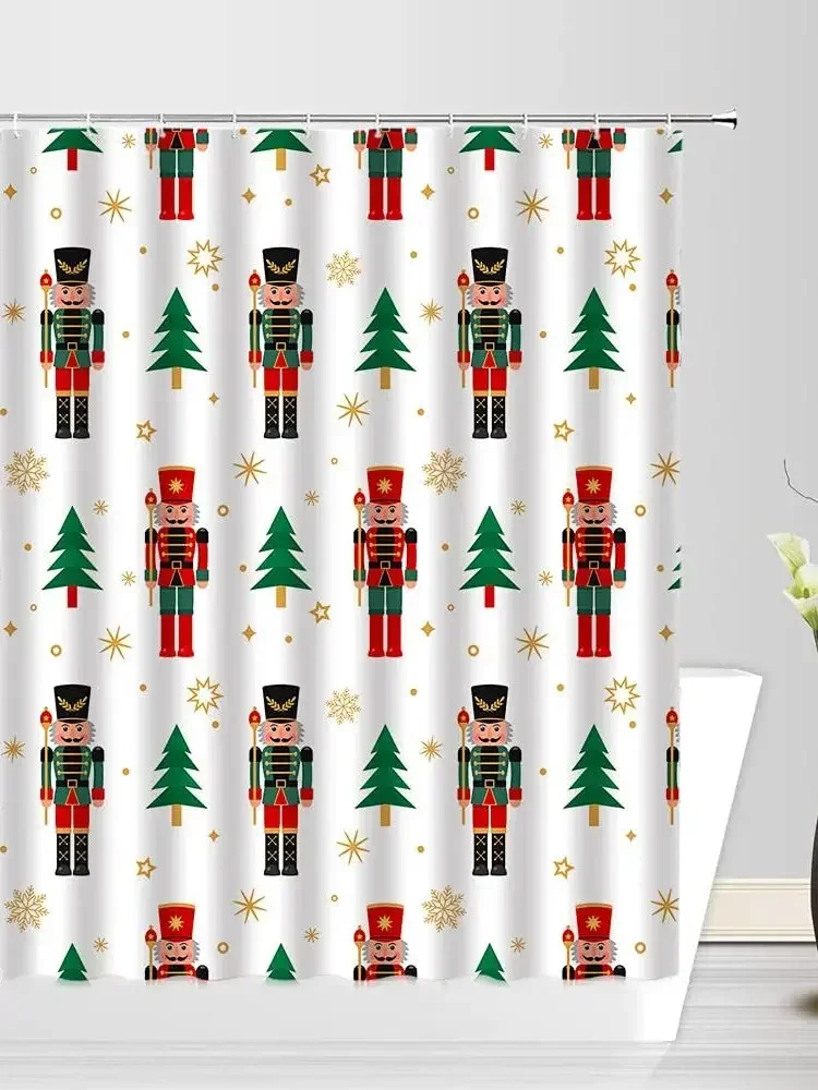 Christmas Nutcracker Shower Curtain, Christmas Tree Snowman Bathroom Curtain Decoration Set With Hook Fabric Christmas Gift