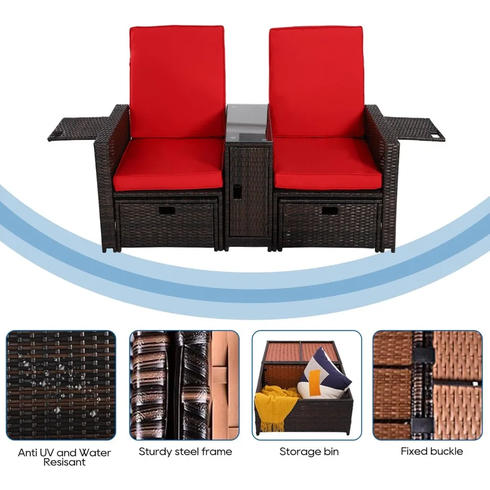 5PCS Outdoor Wicker Chaise Lounge Chair - Rattan Adjustable Reclining Patio Lounge Chair with Ottoman and Coffee Table,