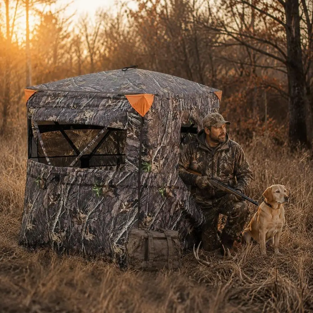 Tente de chasse/abri pour 2-3 personnes, panneaux de sol transparents avec sac de transport, tente de camouflage robuste avec porte latérale et fenêtre silencieuses, abri de chasse pour moutons, cerfs et lapins.