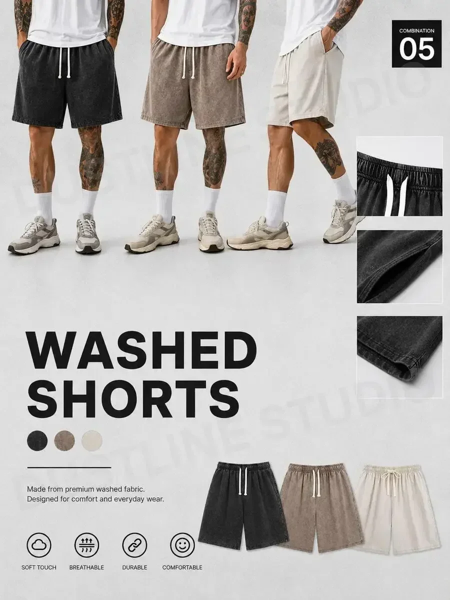 

Mens Washed Casual Shorts Pure Cotton Vintage Faded Solid Color Comfortable Elastic Waist With Drawstring