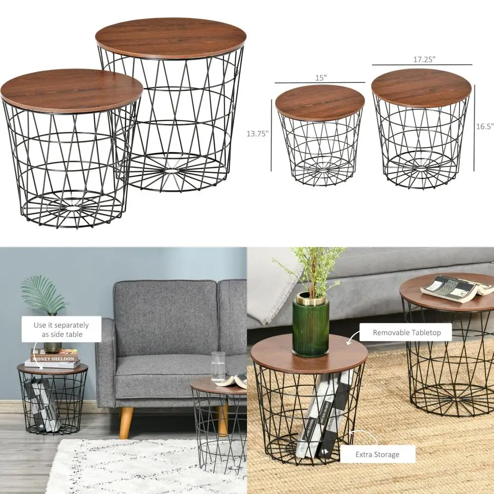 収納付きネストテーブル2個セット、ラウンドサイドテーブル、リビングルーム用の取り外し可能なトップ、ブラック/ブラウン