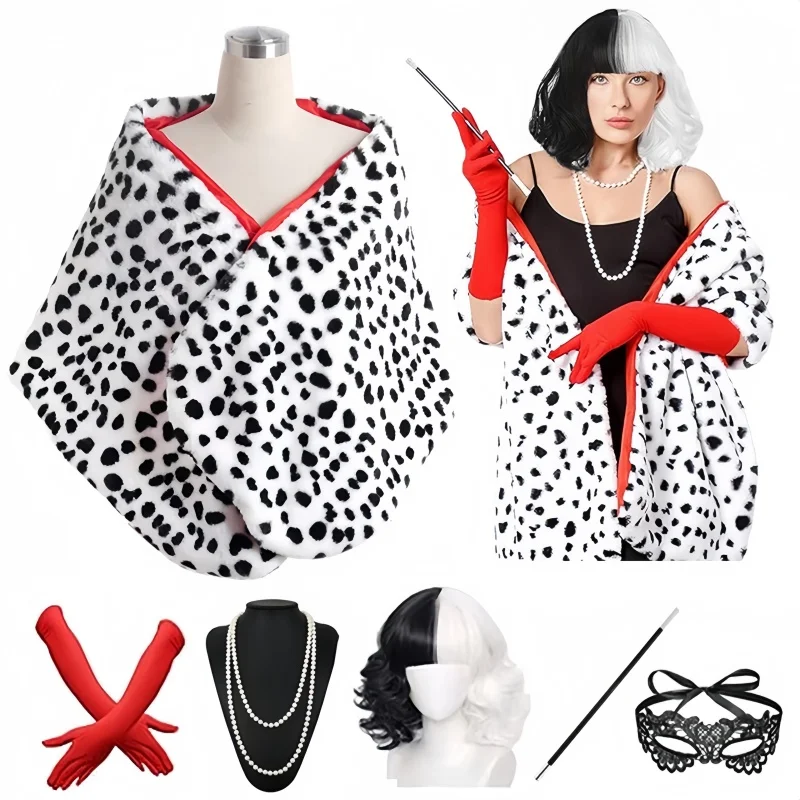 Women's Cruella Deville 6 Pieces Short Dalmatian Print Shawl Red Gloves Pearl Necklace Halloween Costume