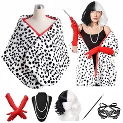 Women's Cruella Deville Short Dalmatian Print Shawl Red Gloves Pearl Necklace Halloween Costume 1920s 1950s Costume Set