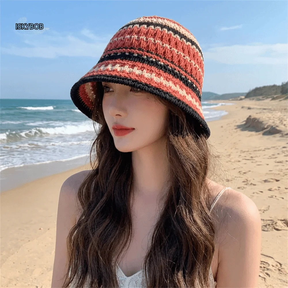 

Elegant Colorful Knitted Bucket Hat Temperament Hollow Sunshade Basin Cap Korean Style Breathable Fisherman Hat Women
