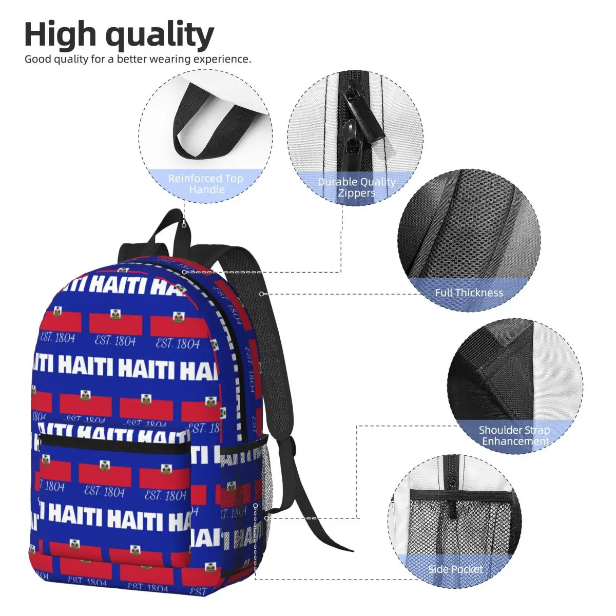Haiti EST. 1804 Independence Haitian Flag Backpack Daypack Large Capacity BookBag School Bag Shoulder Bags for Men Women