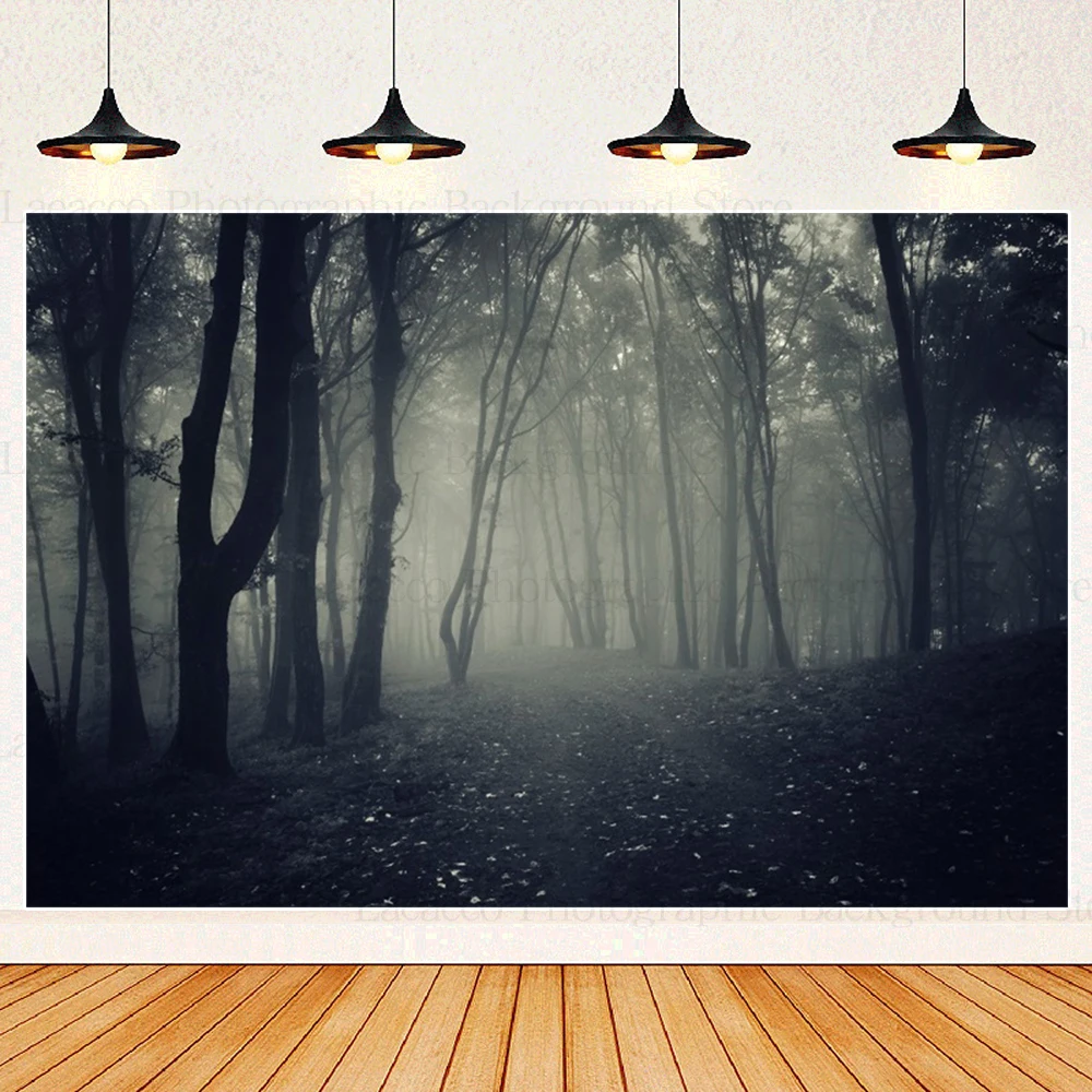 Forest Misty Dark Halloween Photography Background Scary Moon Night Spooky Pumpkin Halloween Party Backdrop Photo Studio Props