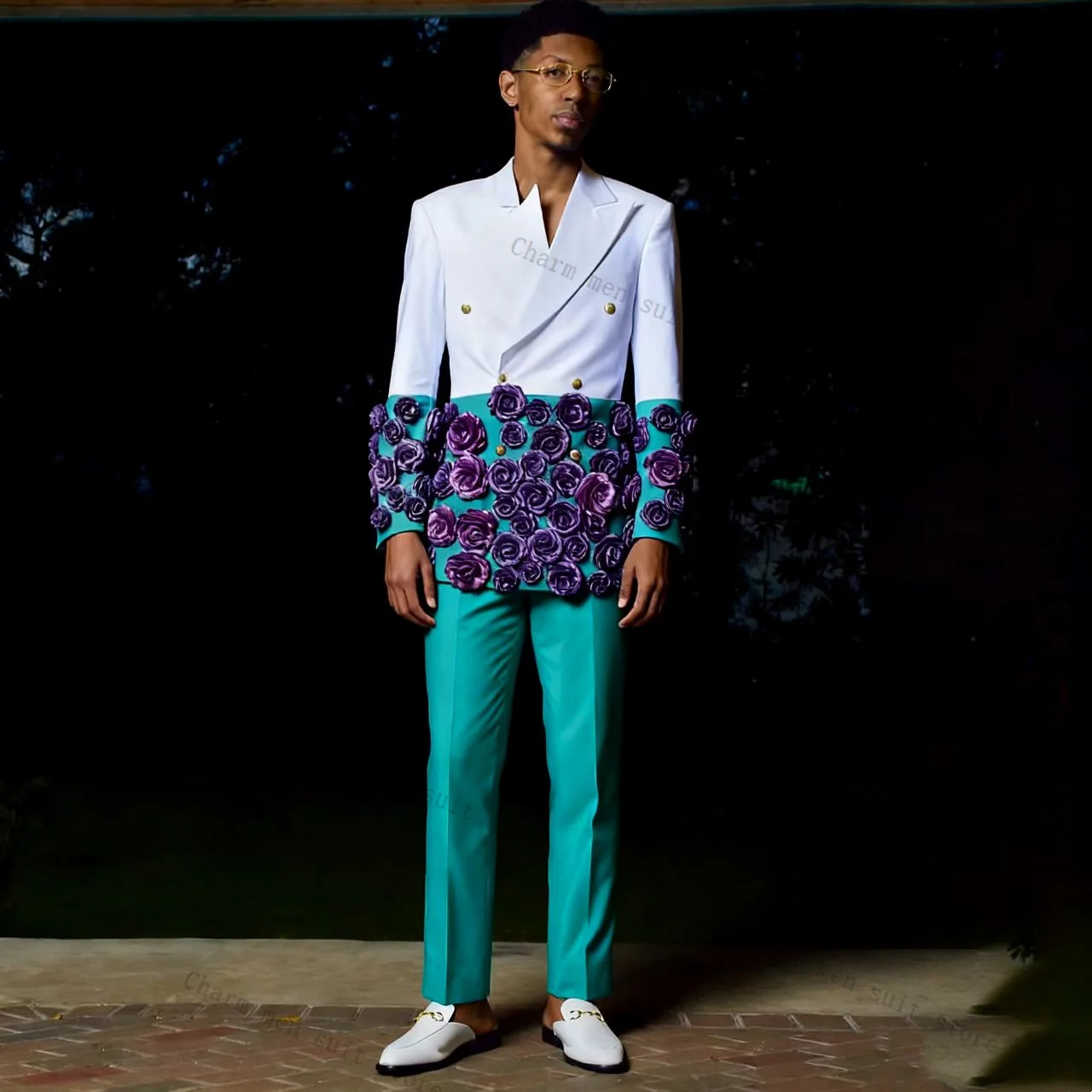 

Бело-синий мужской костюм-двойка: пиджак и брюки из хлопка с 3D цветочным узором. Свадебный смокинг, формальный офисный деловой костюм, пиджак для жениха.