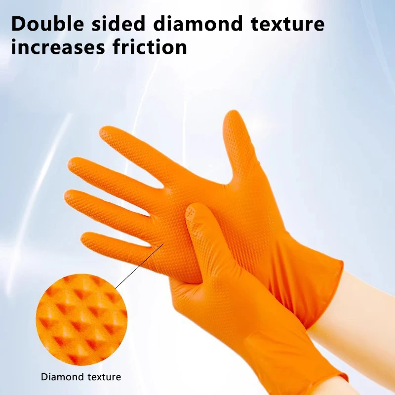 10/30PCS Disposable Gloves With Diamond Textured Grip For Mechanic Safety And Work Gloves Heavy Duty Orange Nitrile Gloves