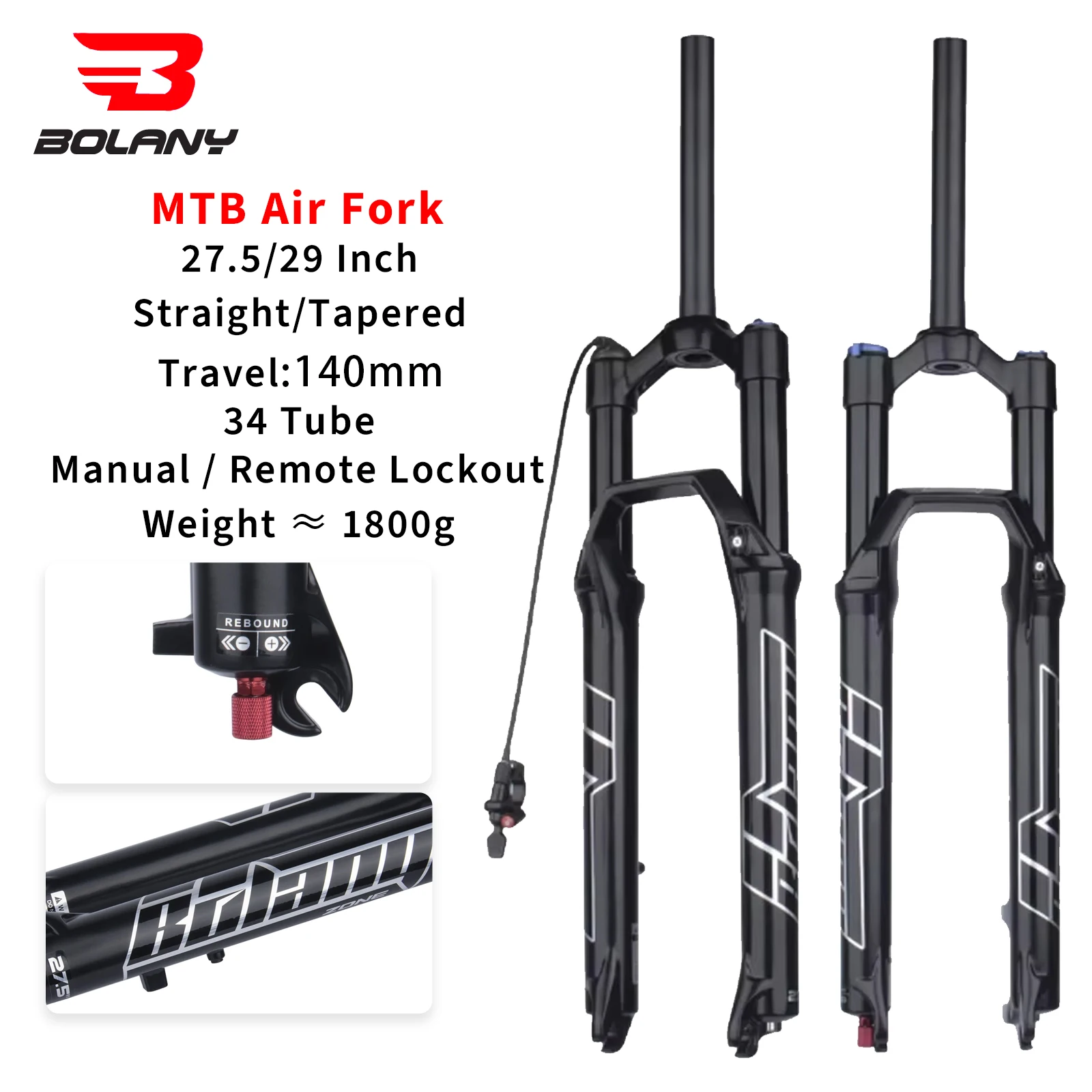 Bolany Bicycle Air Fork 27.5/29 Inch Mtb Bike Air Suspension Fork 120/140mm Travel 34mm Straight Tube Magnesium Alloy Bike Fork