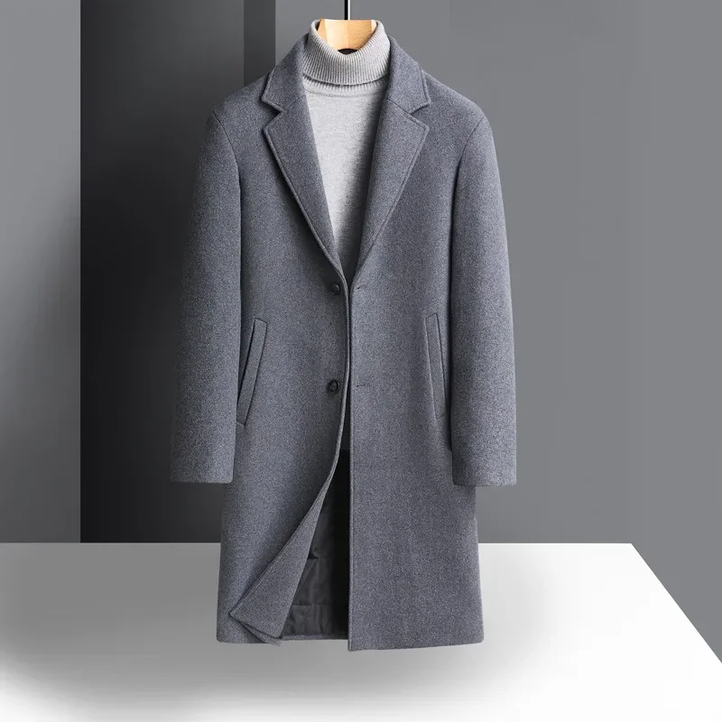 Male Woolen Overcoat 2024 New Middle-Aged Men Business Casual Fashion Suit Collar Long Wool Outwear Solid Color Large Size Coat