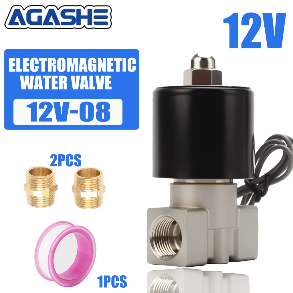 AGASHE 12V / 24V DC صمام الملف اللولبي الكهربائي النحاسي - المياه والهواء والغاز، اتصال NC - درجة صناعية، صمام معدني متين لـ Pne #1