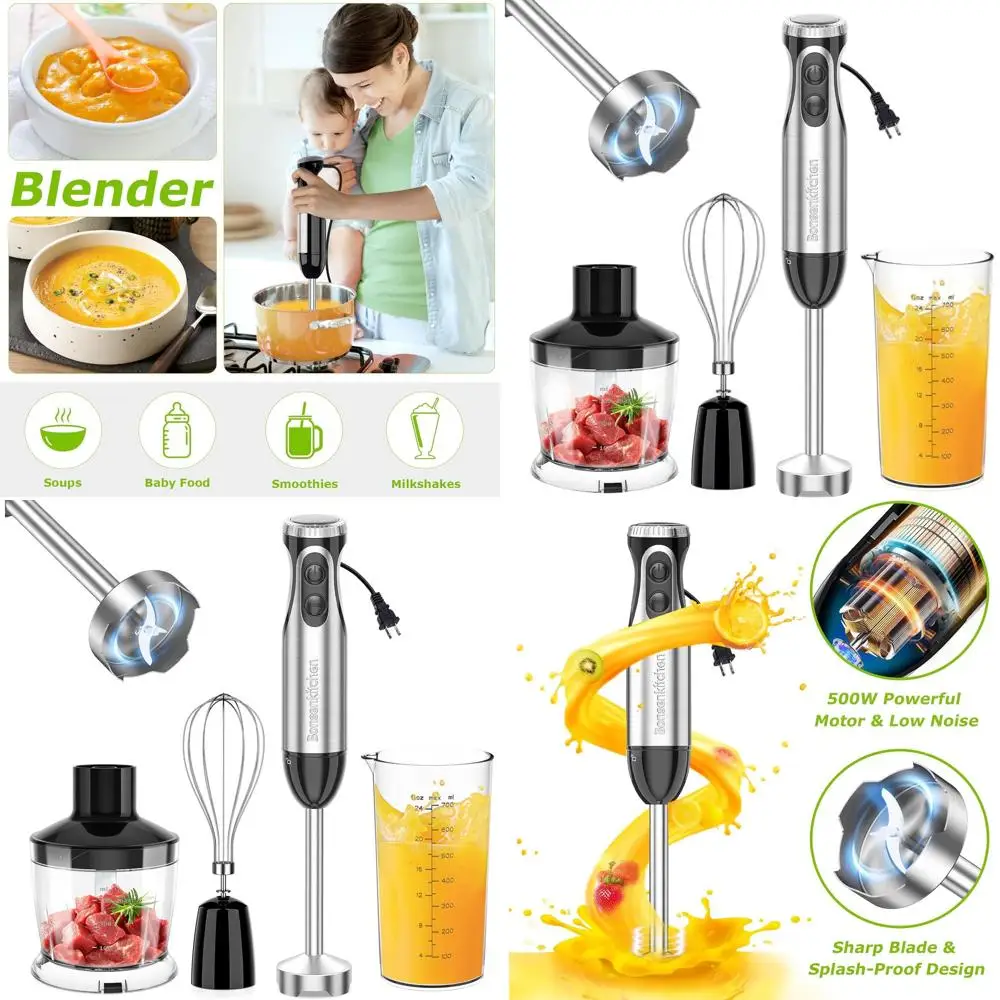 

Погружной блендер с 20 скоростями, турбо-режимом, лезвиями из нержавеющей стали, насадкой-венчиком, мерным стаканом и чашей-измельчителем