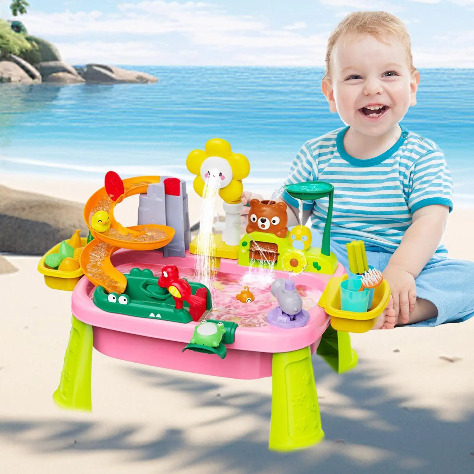 Tavolo ad acqua per bambini Giocattoli da spiaggia all'aperto con pompa elettrica Gioco educativo di finzione Gioco di pesca Giocattolo sensoriale per bambini dai 3 ai 8 anni