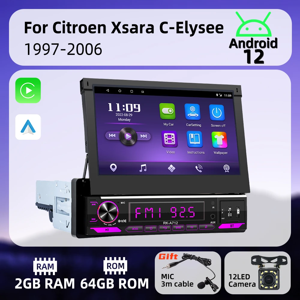 7-calowy chowany ekran 1 Din Android Radio dla Citroen Xsara C-Elysee 1997-2006 Carplay Android Auto Samochodowy multimedialny radioodtwarzacz GPS