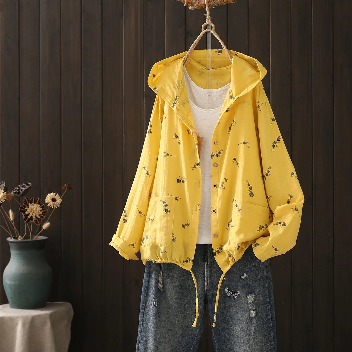Middle Aged Women Clothes Double Layer Cotton Yarn Green Coffee Print Hooded Shirts and Blouses for Women Hoodies Jacket Outwear 6