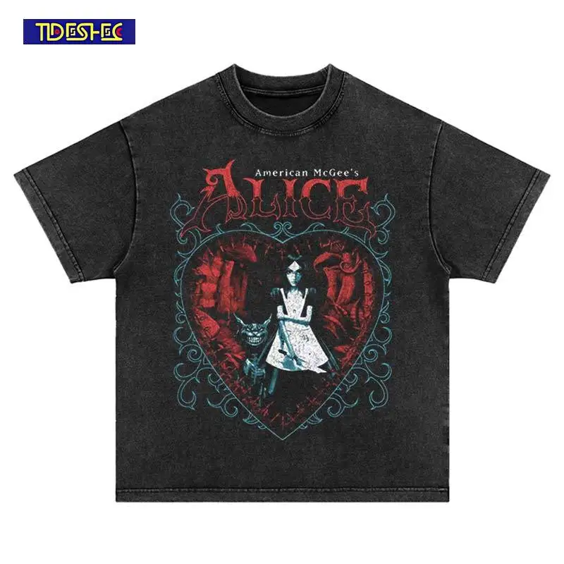 

Streetwear Summer Punk Harajuku Washed Hip Hop Fashion Heart Symbol Print T-Shirt Vintage Oversized Leisure Cotton Tshirt Tops