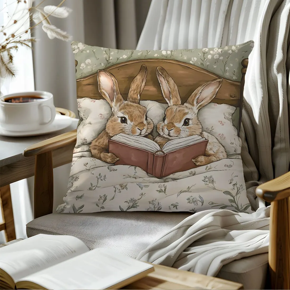 1pc Vintage Rabbit Reading Together Themed Printed Throw Pillow Cover, Suitable for Sofa, Bedroom, Living Room, Study Room