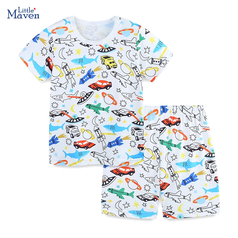 Little maven 2026 Tracksuit Summer Sets Baby Boys Children's Clothing Kids Clothes Cartoon Transportation T Shirts Tops+Pants