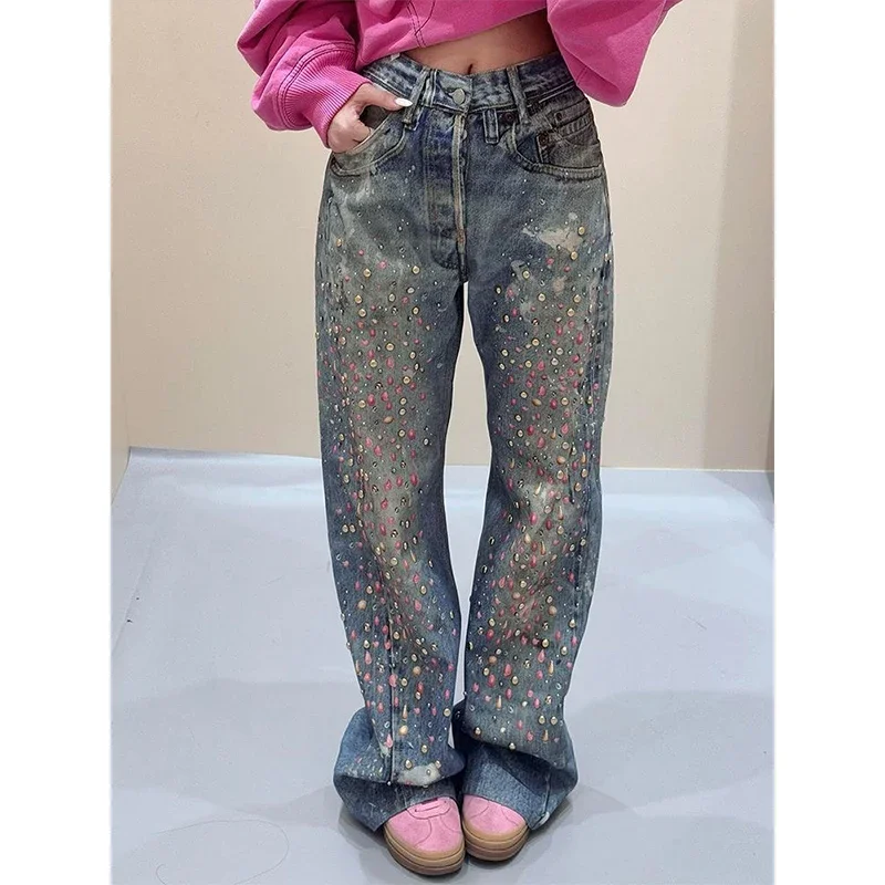 

Осень-весна 202, женские винтажные синие джинсы Y2K, брюки с высокой талией и стразами, прямая уличная одежда, свободные широкие джинсовые брюки