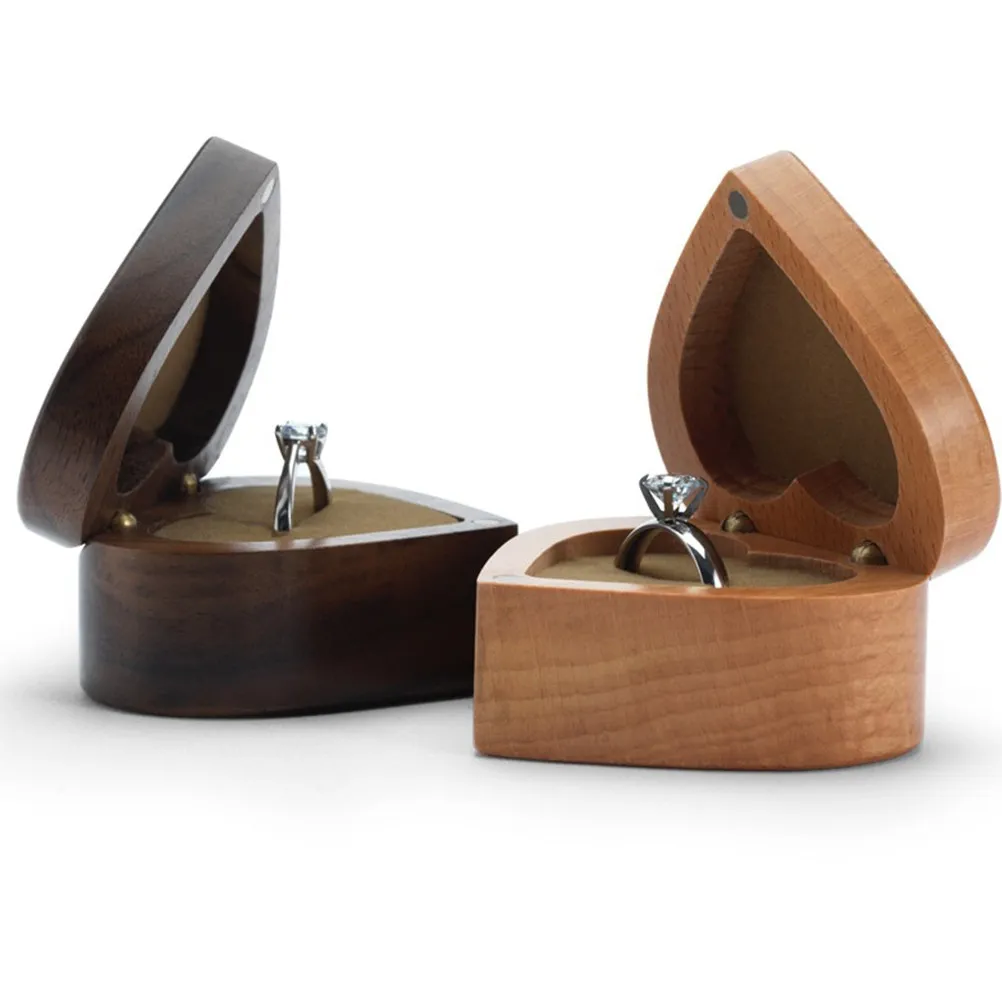 

Heart Shaped Wooden Ring Box Vintage Retro Jewelry Storage Case for Wedding Engagement Rings Valentine's Day Gift Holder Compact