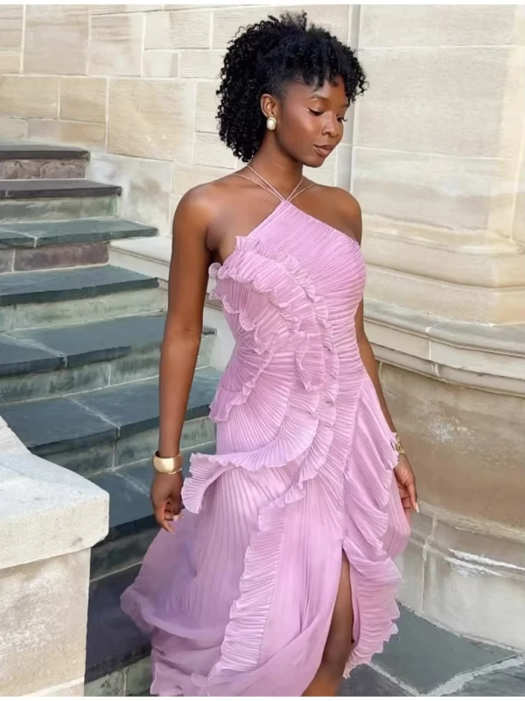 2026 elegante roxo halter uma linha vestidos de baile babados em camadas sem costas vestido de festa verão férias chiffon longo vestido de noite