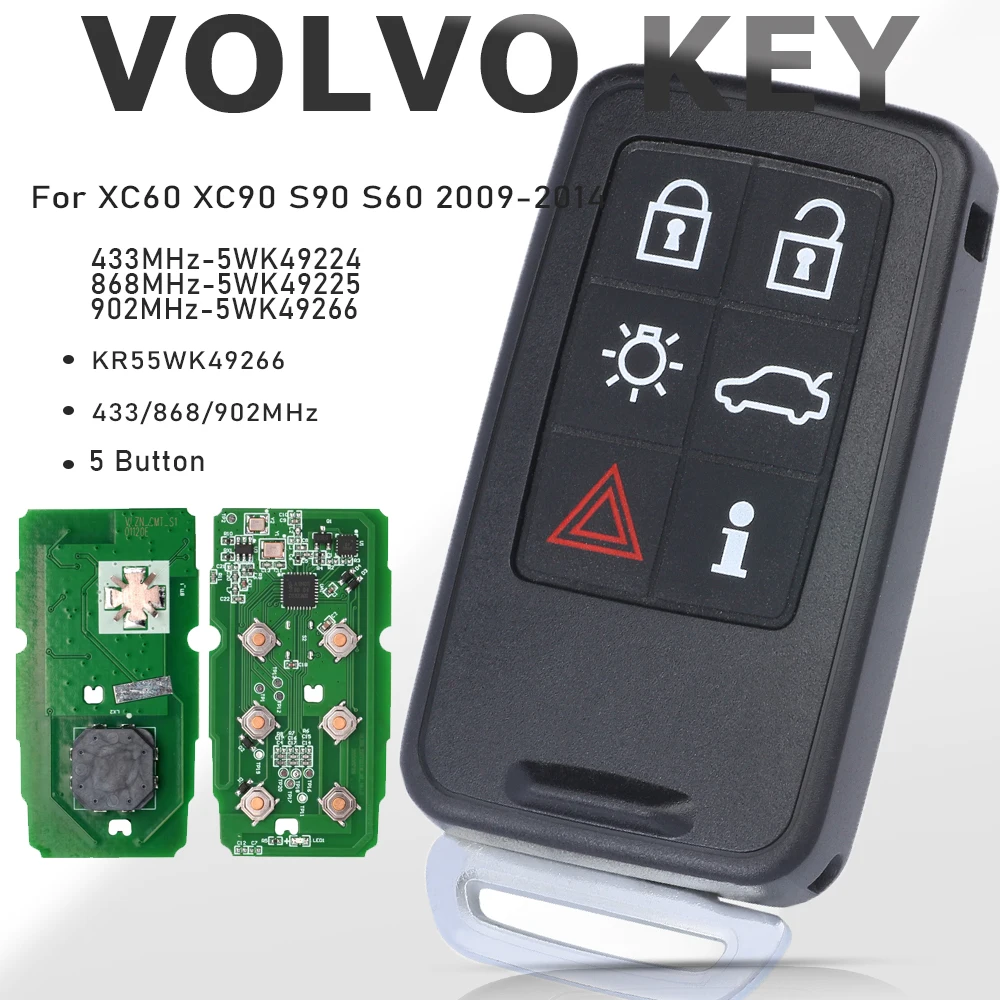 

KEYECU 433/868/902MHz KR55WK49266 Car Remote Key for VOLVO XC60 XC90 S90 S60 2009-2014 PCF7953 Auto Keyless Go Smart 5WK49224