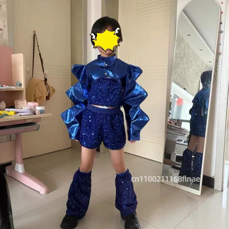 Kostium do jazzu dla dzieci z cekinami, strój na występ na scenie dla dziewcząt, niebieski garnitur, zestaw do hip-hopu dla dziewcząt z cekinami do tańca ulicznego