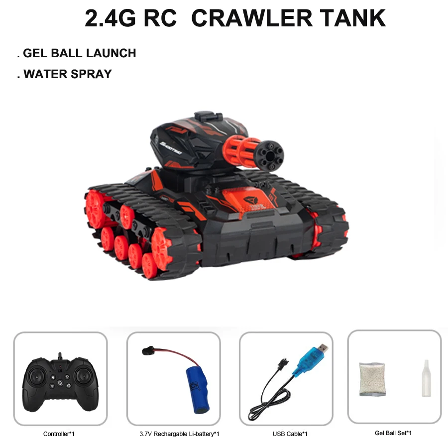 2.4Ghz rc crawler tank with gel ball shooting water spray light and music 6-7-8-9-14 -18 boys game toys box gift set