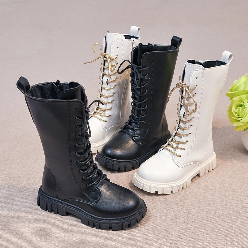 *Fashionable Round Toe Comfortable Lace Up Children's Black Midsole Boots Winter Zipper Elegant Square Heel Girls' Casual Boots