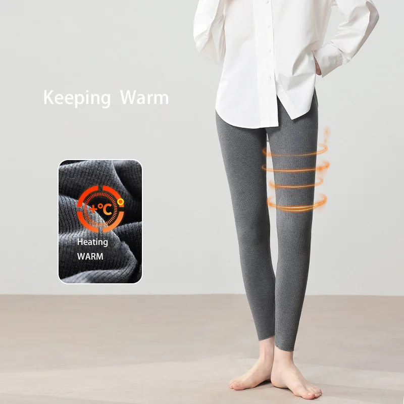 ฤดูใบไม้ร่วงฤดูหนาวหม่อนผ้าไหม Plush Self Heating กางเกงขายาวผู้หญิงสูงเอวซี่โครง Slim ยืดหยุ่นถักกางเกง