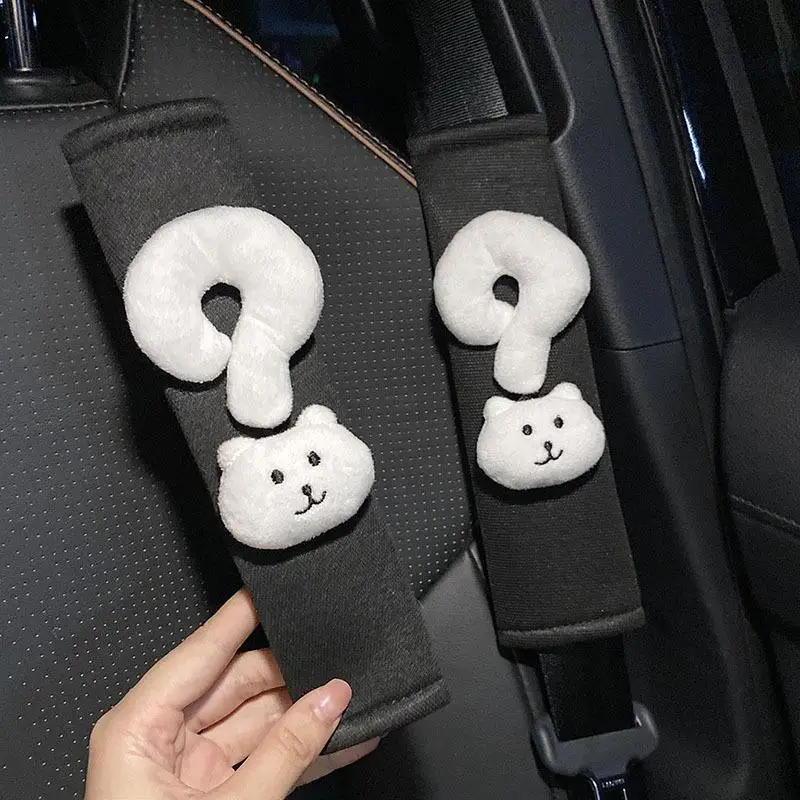 【MO】Cute Cartoon Cat Car Seat Belt Cover Soft Plush Material Ideal For Long Driving Car Decoration Accessory