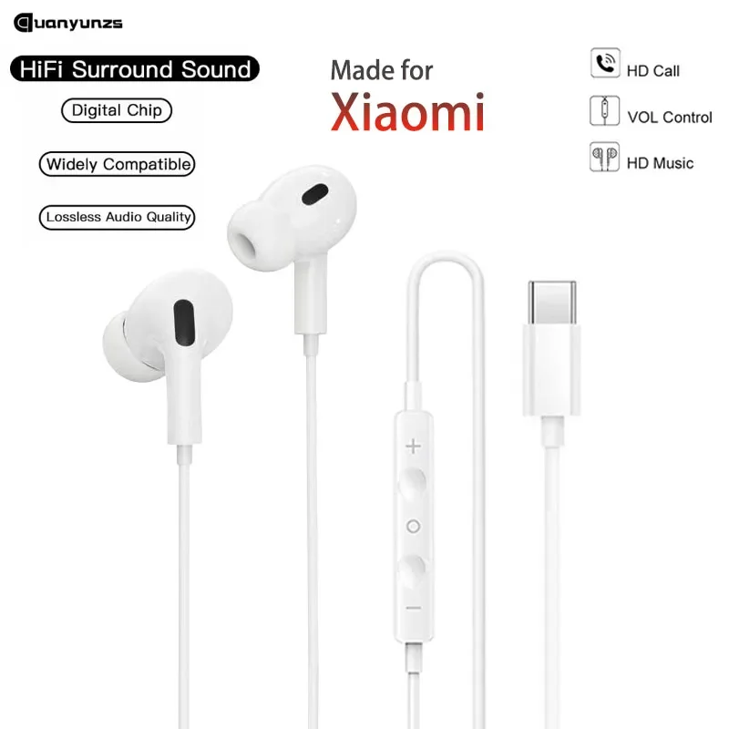 Original USB C Wired Headphones Type-C Earbuds Hifi Bass Stereo Earphone for Redmi Xiaomi 17 15 14 13 12 for Samsung Vivo Oppooo