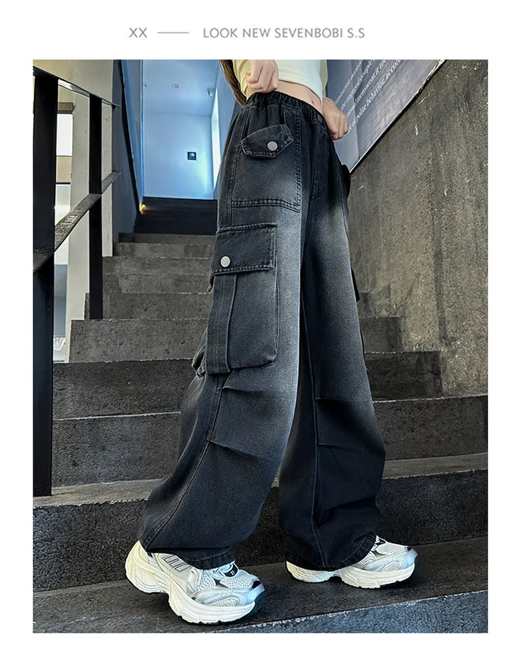 Mädchen Frühling Herbst Cargo Weite Bein Jeans 4-14 Jahre Kinder Elastische Hohe Taille Multi-Taschen Lose Freizeithose – Detail 15