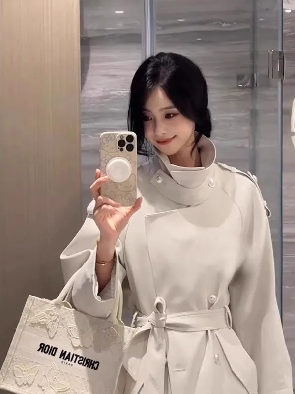 

Ele Stand Collar Women's Coat Spring Autumn New Korean Loose Waist Slimming Briti Sle Windbreaker Outerwear