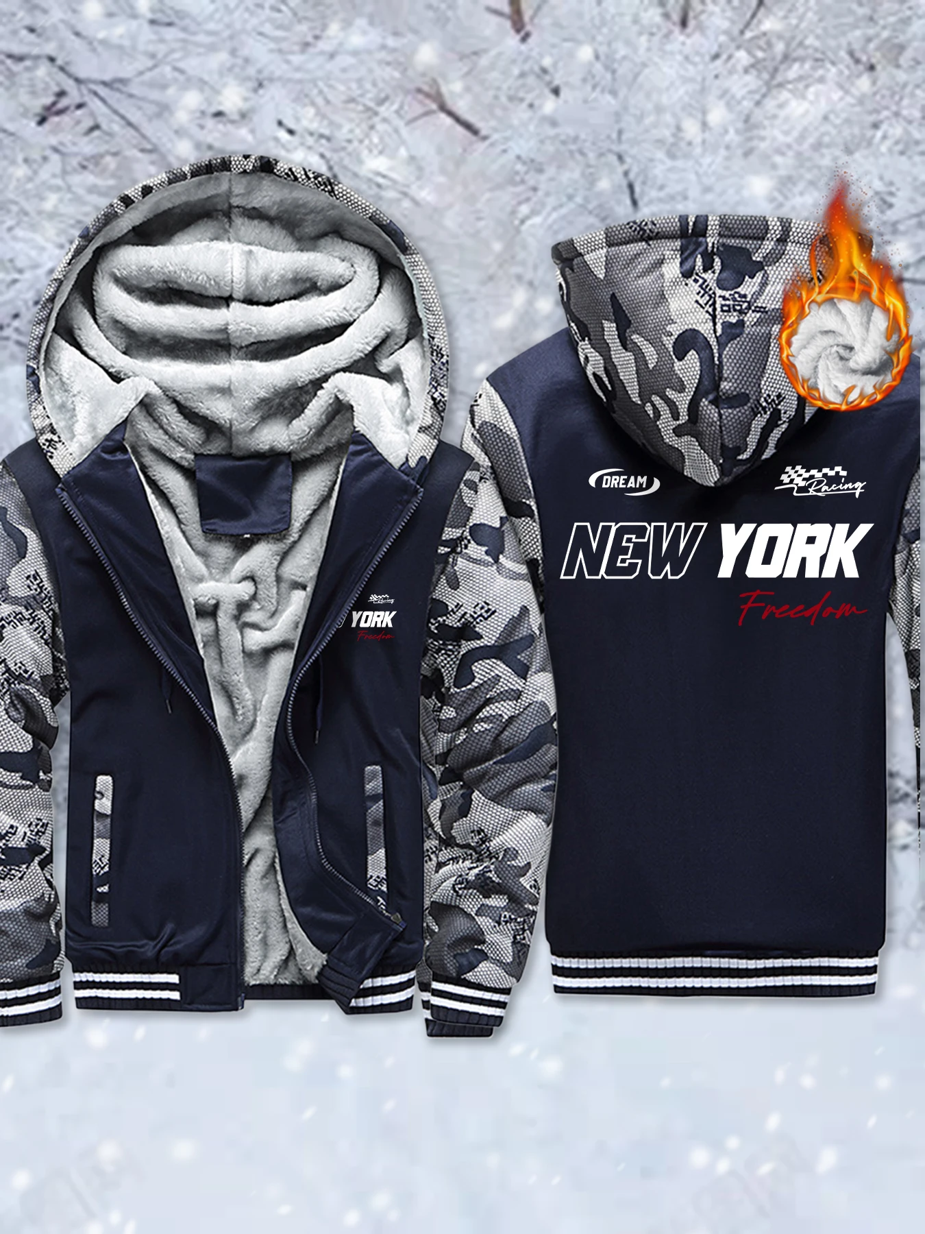 

New York Dream Freedom Letter Print Mans Hoodies Winter Comfortable Clothing Fleece Pullover Fashion Zipper Thick Streetwear
