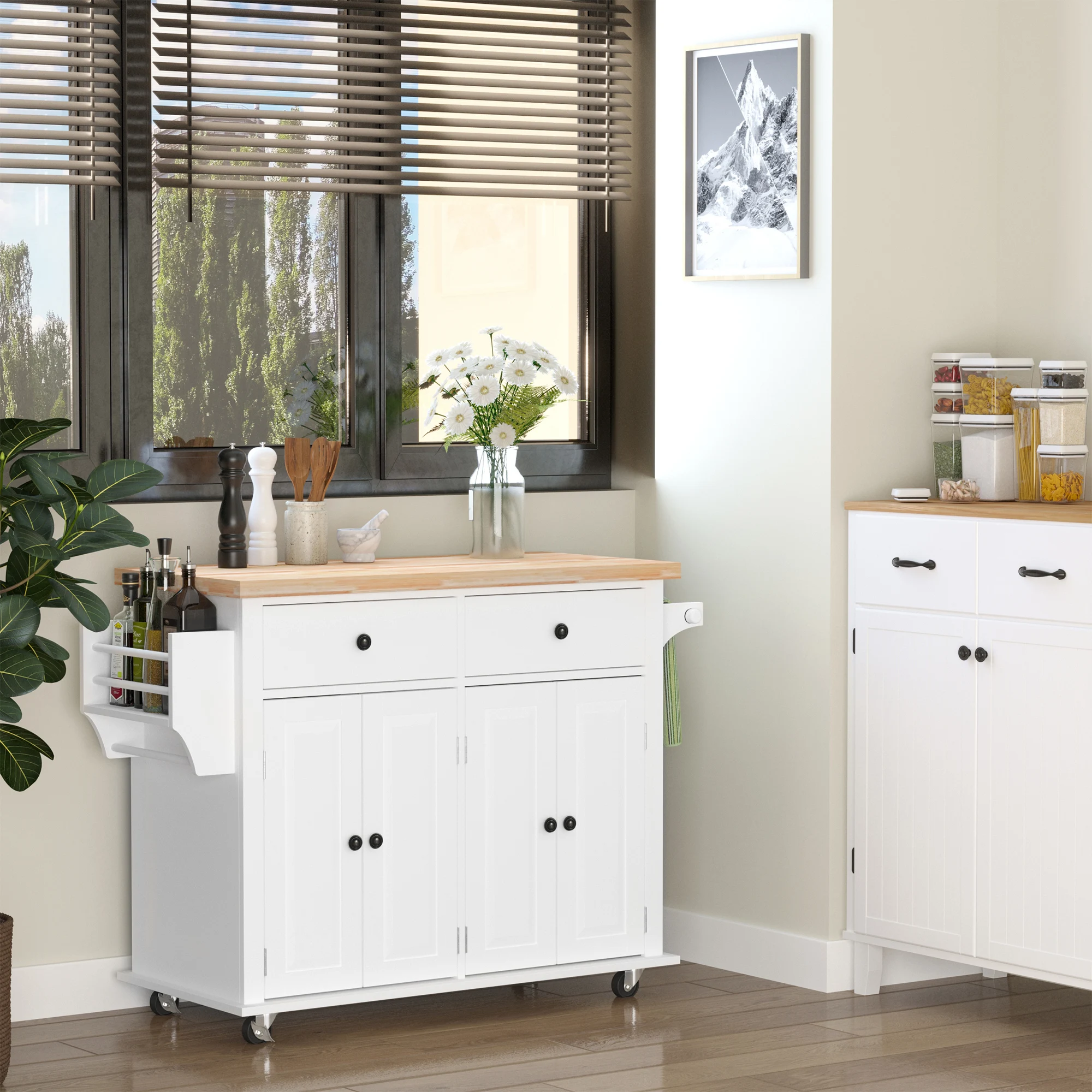 HOMCOM Isla de Cocina con Ruedas 2 Cajones 4 Puertas Especiero 111x44,5x82,5 cm