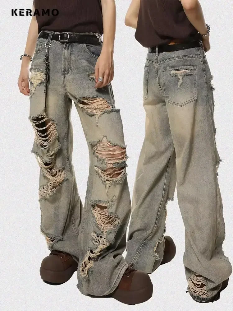 2024 Summer Grunge Vintage Ripped Harajuku Jeans larghi Y2K scava fuori pantaloni a tracolla a gamba larga pantaloni in Denim Club da donna