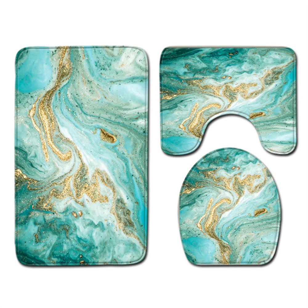 

Blue Gold Marble Printed Bathroom rug set 3 non-slip Bath mat U-shaped Contour mat and Toilet Seat Mat Super Soft Absorbent