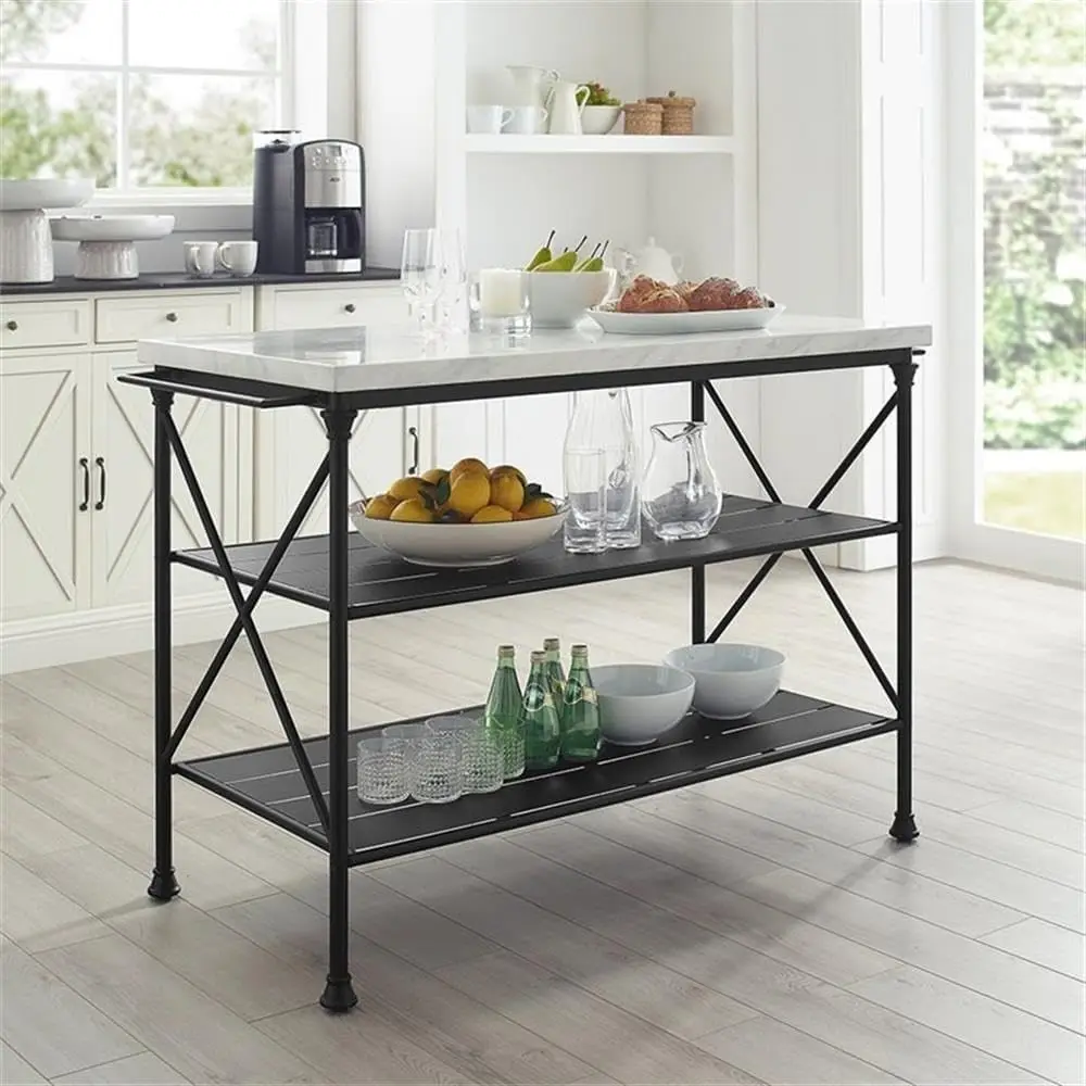 Pemberly Row Metal/Faux Marble Top Kitchen Island in Matte Black