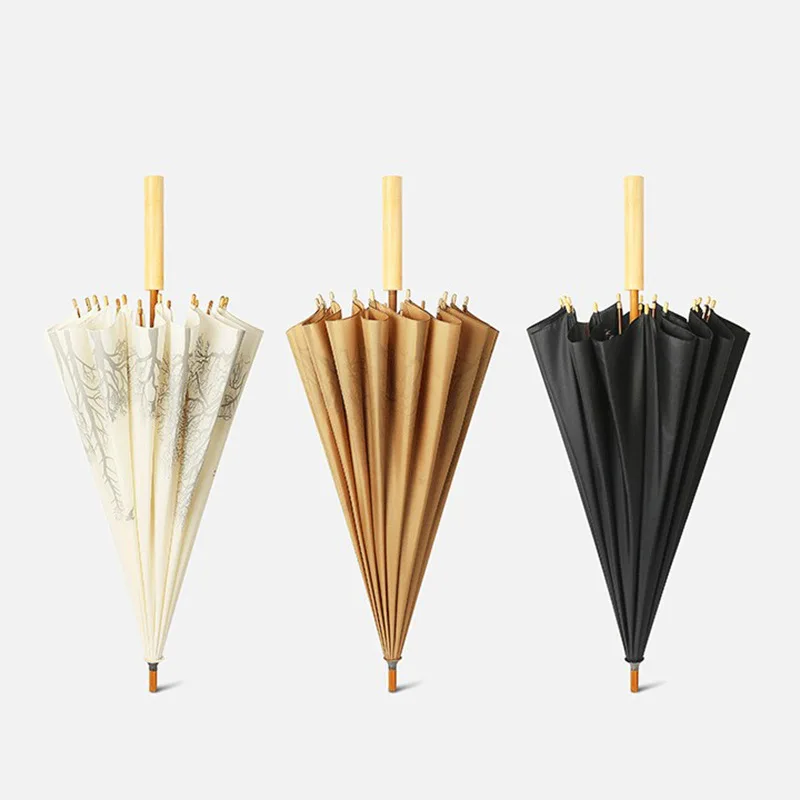 16-bone Long Handle Parasol Retro Art Wooden Handle Umbrella Chinese Style Sunny Umbrella Rain Gear